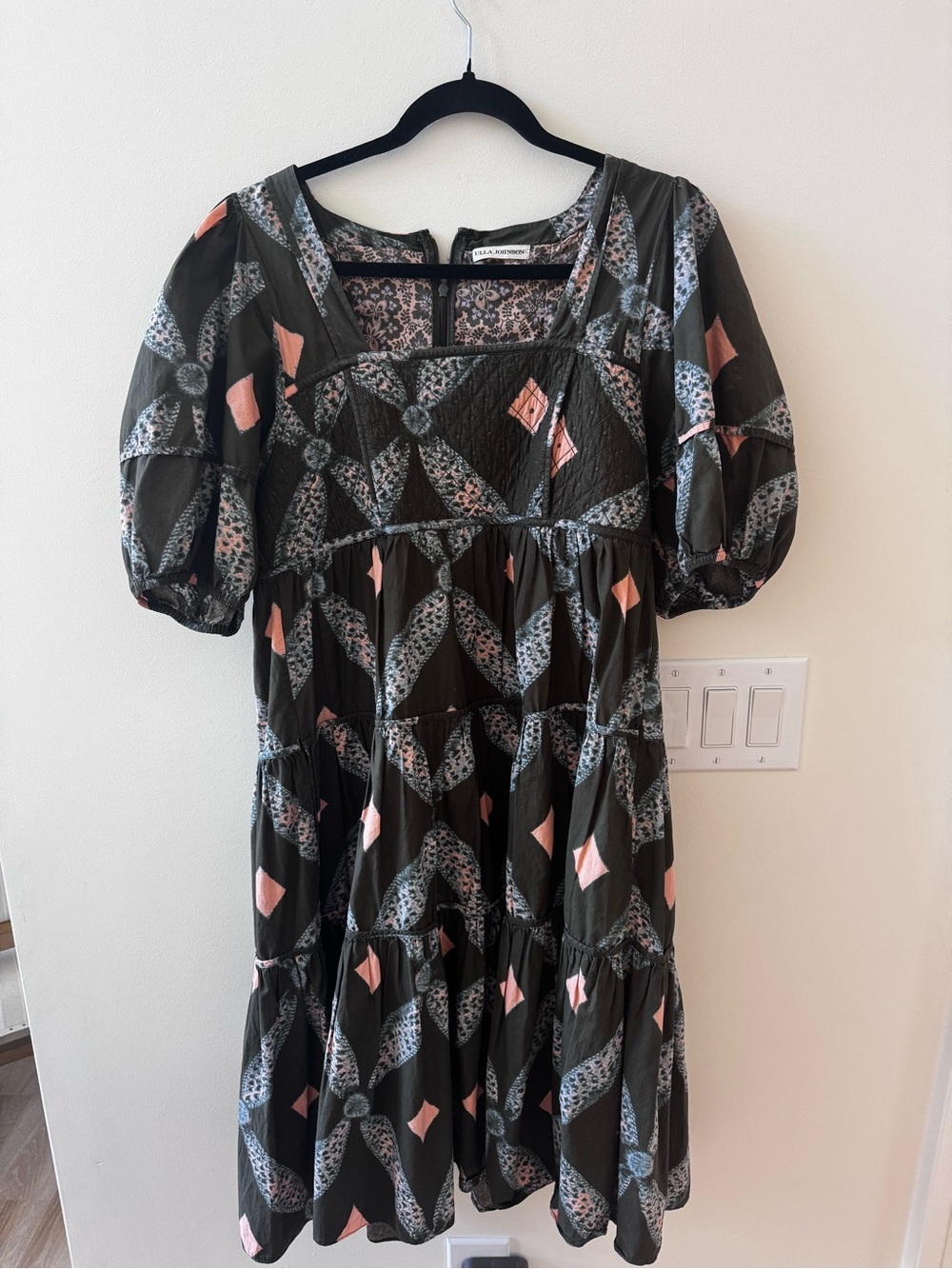 Ulla Johnson  Square Neck Tiered Midi Dress in Olive Geo Print
